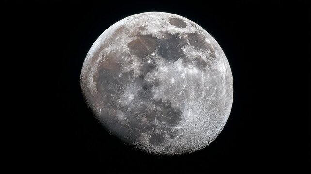full moon, perfectly round with no craters and a smooth, gray surface, captured in high resolution against the black sky