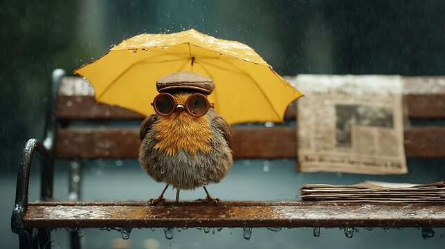 A cheerful robin standing on a park bench, holding a bright yellow umbrella with its wing, round tortoiseshell glasses and a newsie cap, raindrops splashing in puddles