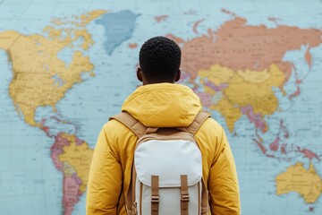 Obraz premium African young male exploring world map with backpack in yellow jacket