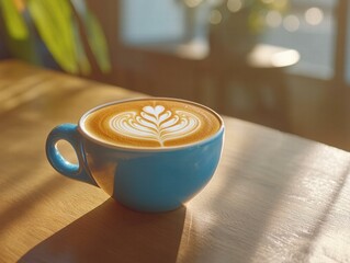 A cup of latte art coffee sits on a wooden table in the sunlight. AI.