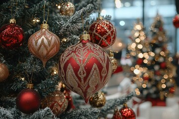 Festive ornaments hanging against a plain background. AI.