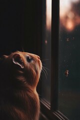 A fluffy creature gazes out a window. AI.