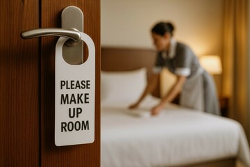 Hotel hospitality service scene with female adult Asian housekeeper making the bed while a "Please Make Up Room" sign hangs on the wooden door handle