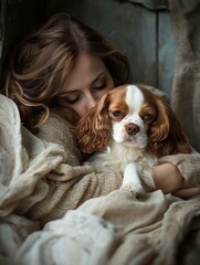 Cozy cuddles with a furry friend. AI.