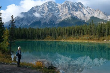 Serene mountain lake reflecting majestic peaks. AI.