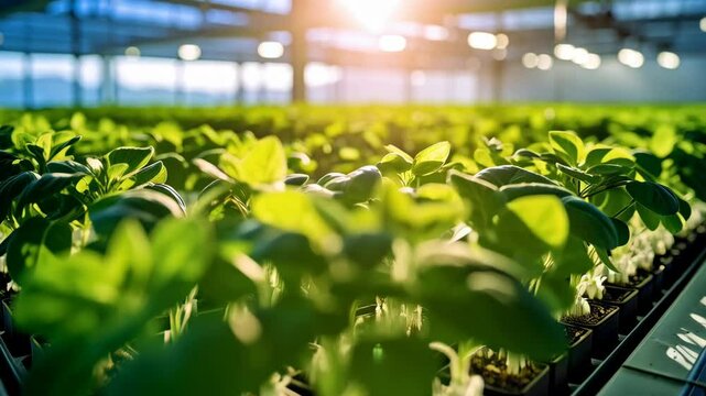 Rows of young green basil plants in pots growing inside a modern greenhouse with bright natural light