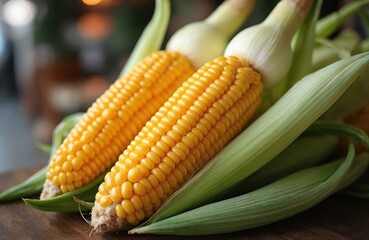Close-up photo of fresh corn cobs with green leaves. Juicy yellow ears of sweet corn. Farmers market or agriculture harvest concept. Vegan, vegetarian food.
