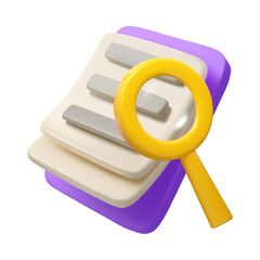 Conceptual illustration of document review and analysis with magnifying glass in 3d