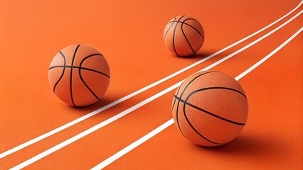 Three basketballs on an orange court surface with white lines, arranged diagonally across the frame.