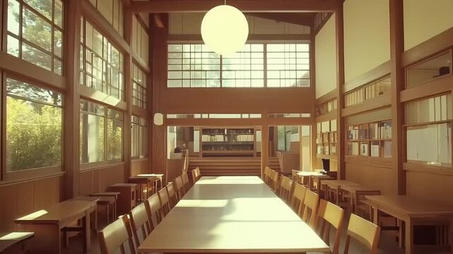 Wooden dining hall with large windows