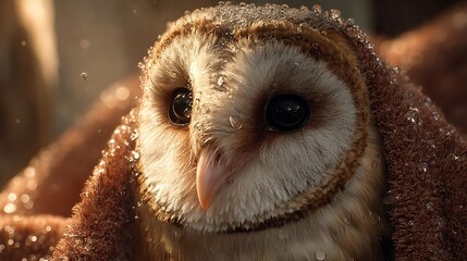 Naklejka premium A close-up of a barn owl enveloped in a warm terrycloth towel, water droplets glistening on its feathers, soft morning light filtering through a nearby window.
