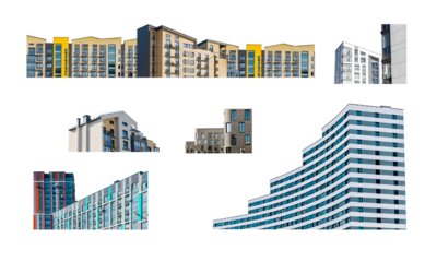Modern buildings set, high rise architecture and residential living. The sleek design represents