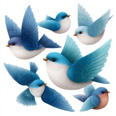 Colorful blue birds in various flight poses create a lively display in whimsical art design