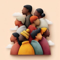 Diverse group of stylized figures representing unity and community in a soft color palette