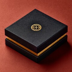 Luxurious black gift box with gold detail resting on a red surface