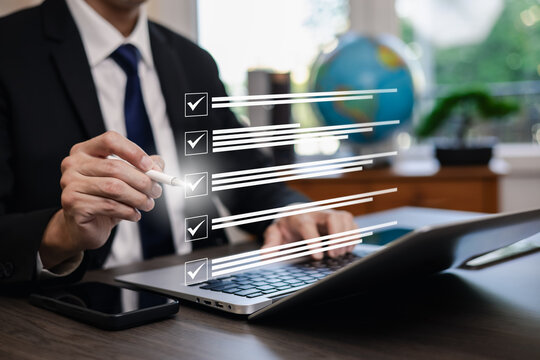 checklist and clipboard task documentation management, business people working laptop checklist questionnaire assessment form, online survey online exam Choosing the right answer in the exam