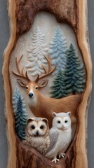 Beautiful wood carving featuring a deer and owls surrounded by evergreen trees