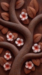 Beautifully crafted wood relief featuring a tree and flowers in warm tones