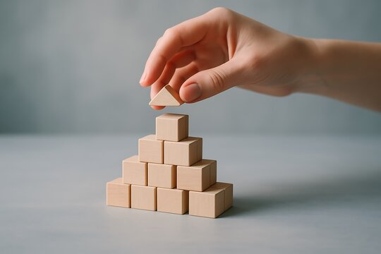 Hand placing a triangular block on top of a pyramid of wooden cubes, representing success, achievement, and the careful process of building something strong