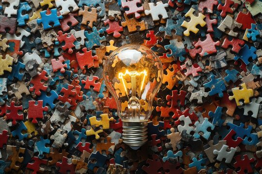 Brainstorming session depicted through scattered puzzle pieces and a drawn light bulb