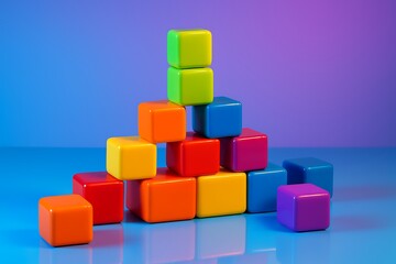 Obraz premium A vibrant pyramid made of colorful cubes in various shades, symbolizing growth, development, and structure with a playful and energetic design