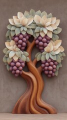 Wooden wall art featuring grapes and flowers in a decorative tree design