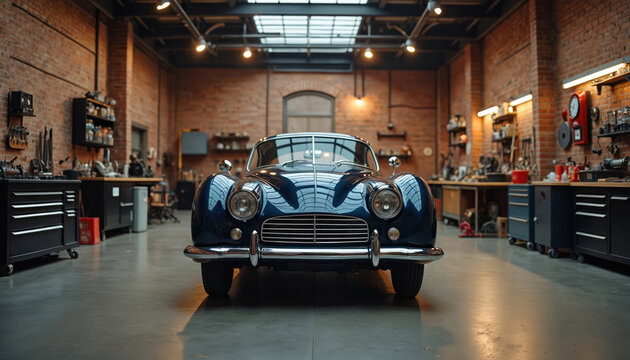 Classic blue vintage car inside stylish workshop garage with brick walls and industrial lighting. Automotive restoration design scene evokes retro nostalgia. Antique automobile, craftsmanship.