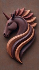 Unicorn head sculpture showcasing intricate woodwork in warm tones