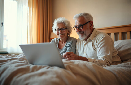 Senior couple smiles using laptop in bedroom. Man, woman happy looking at screen together at home. Elderly people connected online with tech, watching video, using internet. Happy grandparents
