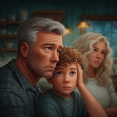 Family showing deep emotions during a quiet evening in a cozy home