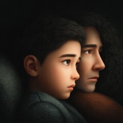 Emotional bond between a child and a parent during a quiet moment of reflection in the dark