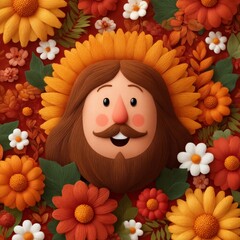Colorful floral composition features a smiling man with a beard surrounded by vibrant flowers