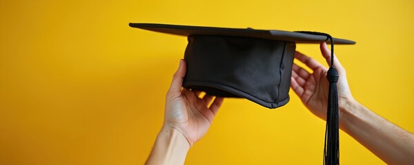 Person holds graduate cap, yellow background. Education concept, academic achievement, graduation, higher education, degree attainment. Learning, knowledge, success, aspiration, diploma, student life.