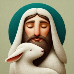 Gentle shepherd holding a lamb with a serene expression in a stylized portrait