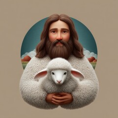 Compassionate figure holding a lamb against a serene pastoral background