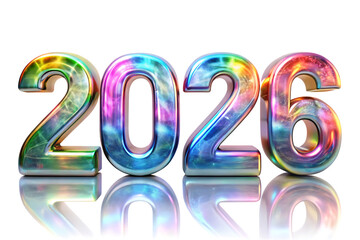 3d iridescent year 2026 numbers isolated on white background PNG,AI GENERATED