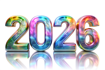 3d iridescent year 2026 numbers isolated on white background PNG,AI GENERATED