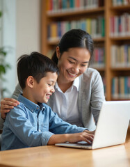 Smiling boy studies laptop with tutor in school library. Teacher helps child with online learning. Education tech for children. Young student, female teacher working together indoors.