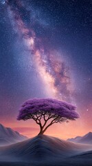 Beautiful purple tree under a starry sky at dusk near glowing mountains