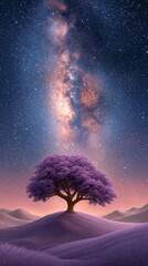 Vibrant purple tree under the starry night sky in a tranquil landscape setting