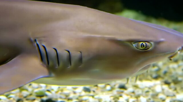 A closeup view of a shark swimming near rocks in an aquarium