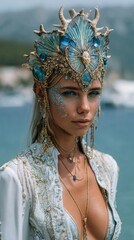 Young woman in intricate ocean-themed costume at coastal location during daylight