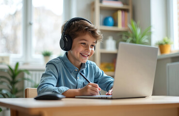 Smiling schoolboy with headphones, writes message on laptop. Boy in online lesson studying remotely from home. Child using modern tech for education. Remote learning, digital classroom concept.