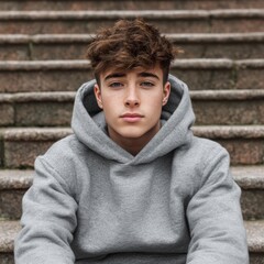 Young male sitting on steps, wearing gray hoodie, looking straight at camera in outdoor setting