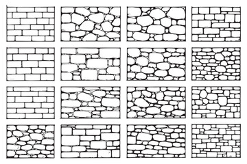 sketches of stone and brick walls with different patterns, textures, and arrangements, ideal for architectural design or vintage illustrations