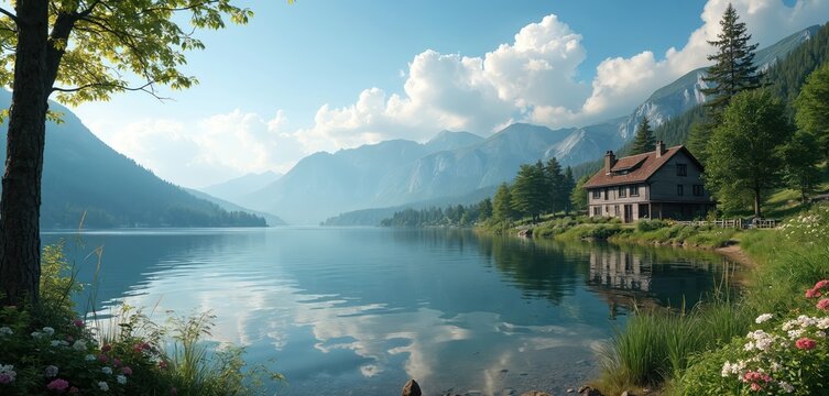 Tranquil lakeside house nestled at foot of majestic mountains, offers serene travel destination. Calm water surface reflects cloudy sky, surrounding green plants. Idyllic summer scene of village