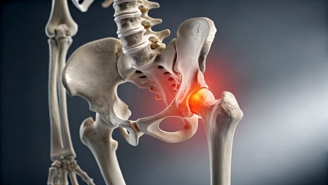 Human hip bone skeleton anatomy with highlighted joint pain and inflammation