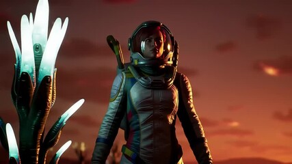 A female astronaut in a spacesuit stands amidst otherworldly, glowing flora. The scene is dramatic, with a fiery sunset-like backdrop and a strong sense of exploration and discovery. - Powered by Adobe