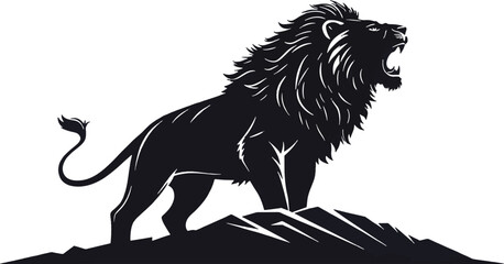 Obraz premium Roaring Black Lion Silhouette on Rocky Peak white
