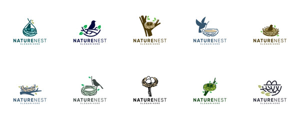 collection of bird nest logo, safety symbol, natural product, graphic design template.